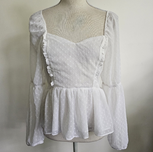 Express Shirred Swiss Dot Peplum Top - Picture 2 of 8